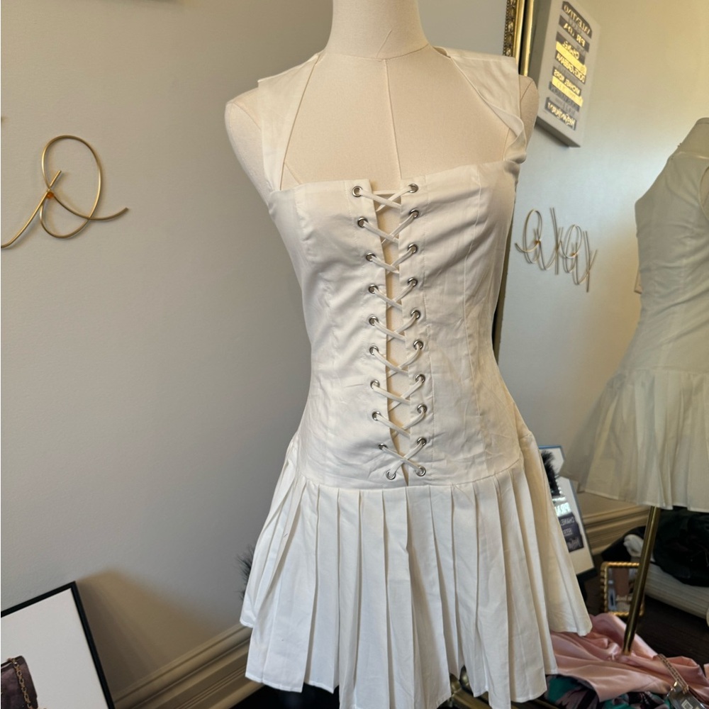 White Lace-Up Halter Dress